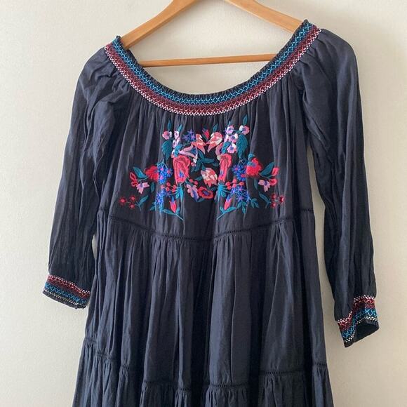 Free People Sunbeams Mini Dress Embroidered Boho Off Shoulder Flowy Black Small - Picture 4 of 14